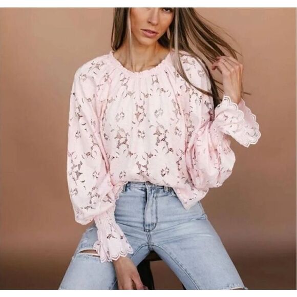Free People Olivia Lace Top, Soft Pink, Dolman Sleeves, Statement Sleeves. Girly - Picture 1 of 14